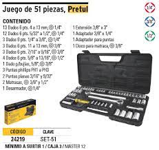 JUEGO 51 HERRAMIENTAS 1/4", 3/8" Y 1/2" P/MECANICO PRETUL