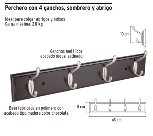 PERCHERO NEGRO PARA PARED CON 4 GANCHOS SATINADOS